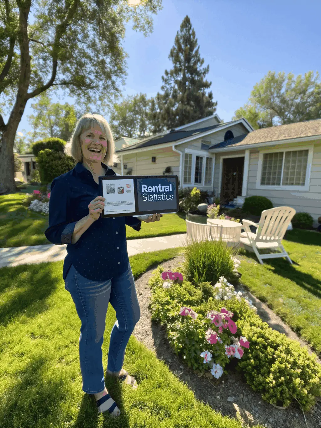 A smiling homeowner standing in front of a freshly renovated house, holding a clipboard with financing documents, bright daylight, modern residential neighborhood, professional and approachable atmosphere.