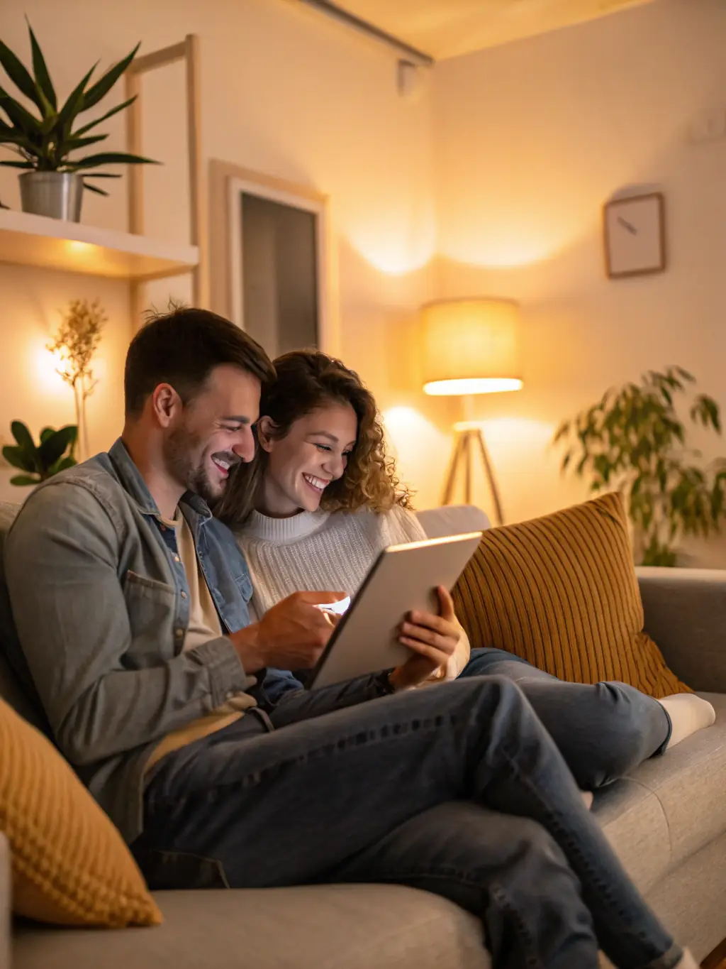 A young couple reviewing their credit report on a laptop, both smiling with relief, cozy living room setting, natural light, relaxed and confident mood.
