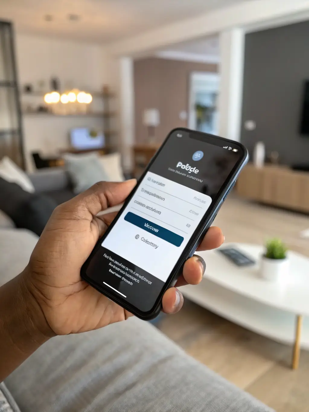 A close-up of a hand using a smartphone to fill out a simple online financing application, with a modern home in the background, clean and inviting interface.